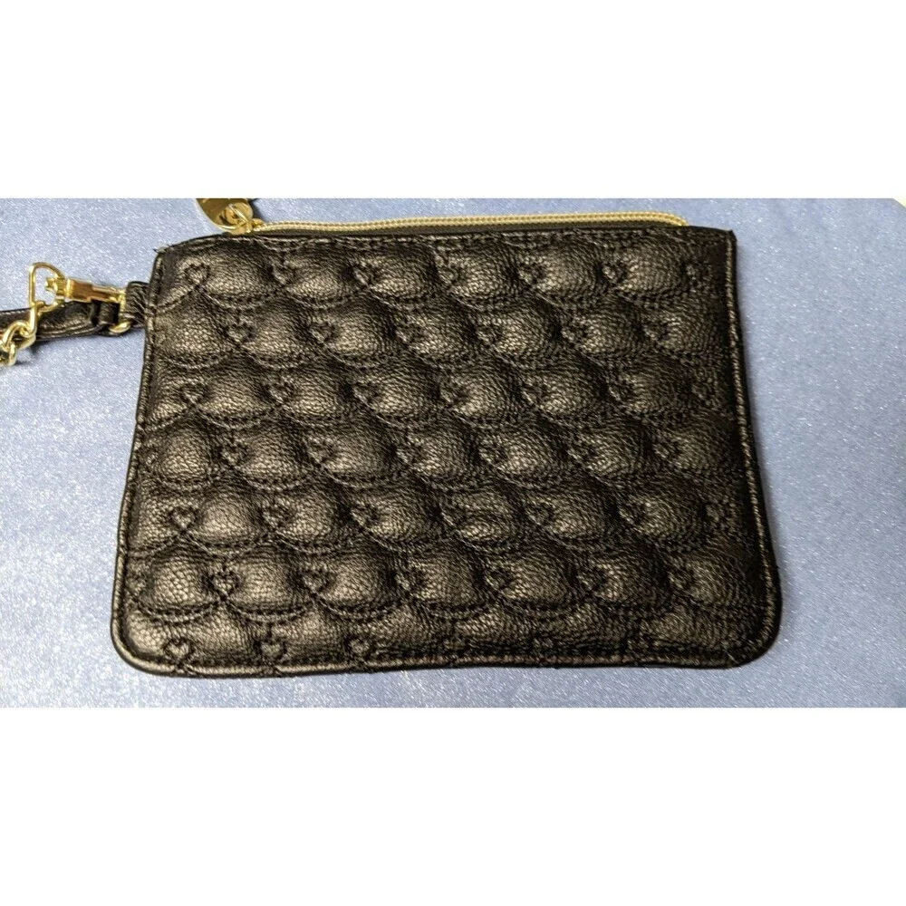 Betsey Johnson Black Quilted Faux Leather Heart Design Clutch Gold Hardware